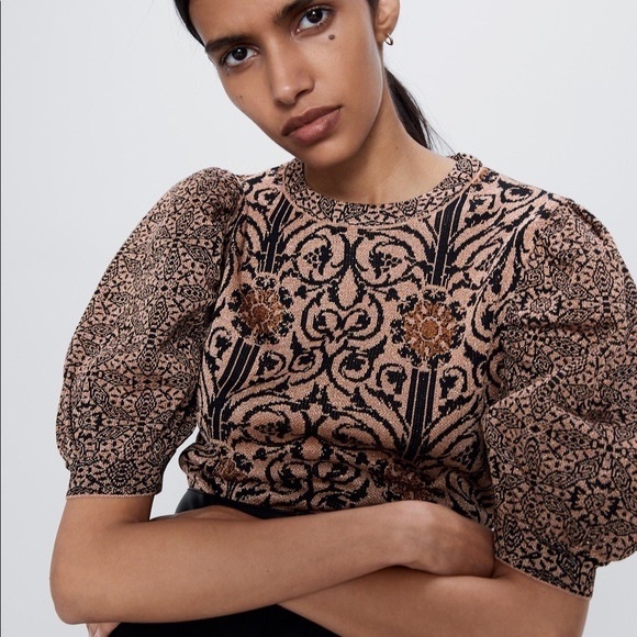 Zara Black and Brown Patterned Puff Sleeve Top - Picture 1 of 4
